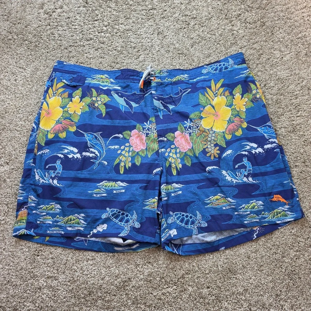 Tommy Bahama Swim Trunks Mens 3XLT Blue Hawaiian Island Map Tropical Surf Board
